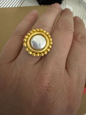 Susan Shaw Gold-Plated Dotted Mother of Pearl Ring Baroque Style Adjustable Fit